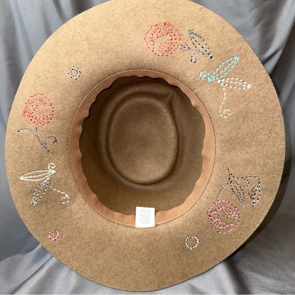 Wide Brim Hat Womens Tan Wool Embroidered Floral Country Cowgirl Y2K Boho Rodeo - Picture 8 of 9